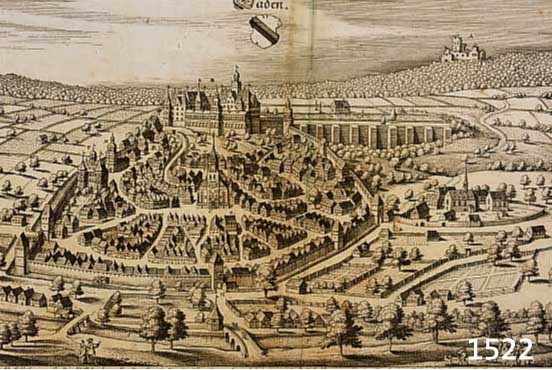 KONVOLUT VON 7 BLATT MIT ANSICHTEN VON BADEN BADEN UND UMGEBUNG, BESTEHEND AUS 1.) KUPFERSTICH V. M. MERIAN, BADEN AUS DER HALBEN VOGELSCHAU MIT ...