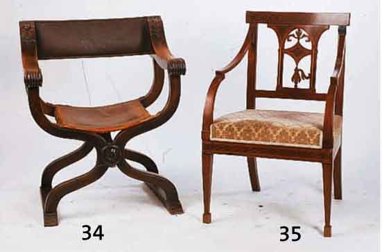 SCHEREN- BZW. SENATORSTUHL, DEUTSCH, 1890/1900 , NUßBAUM MASSIV, WUCHTIG, LEDERBEZUG AUS DER ZEIT, QUALITATIVE SCHNITZEREI AUS DEM VOLLHOLZ, ...