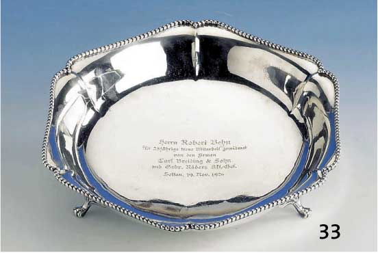 Anbietschale, deutsch, SchwÄbisch GmÜnd, 835er Silber, um 1920, Herst.: W. Binder, Perlleistenverzierung, Barockstil, auf FÜßchen sehr ...