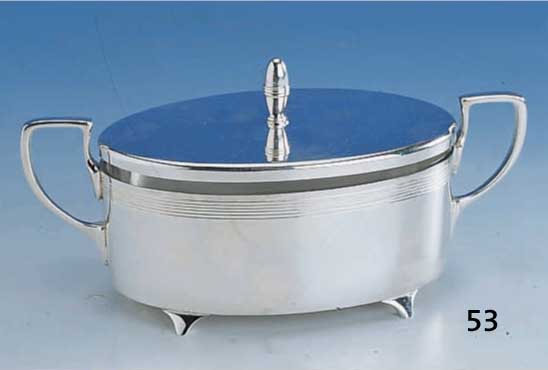 Deckeldose, WMF um 1905, Metall versilbert, Orig.-Glaseinsatz geschnitten, Rillendekor, ca. 10 x 19 x 8.5 cm