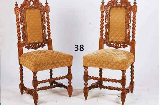 6 STÜHLE, BELGIEN, UM 1890/1910, EICHE MASSIV, FRÜHER BAROCKSTIL, POLSTERUNG NEU, GEBRAUCHSSPUREN, CA. 105 CM, SITZHÖHE CA. 59 CM