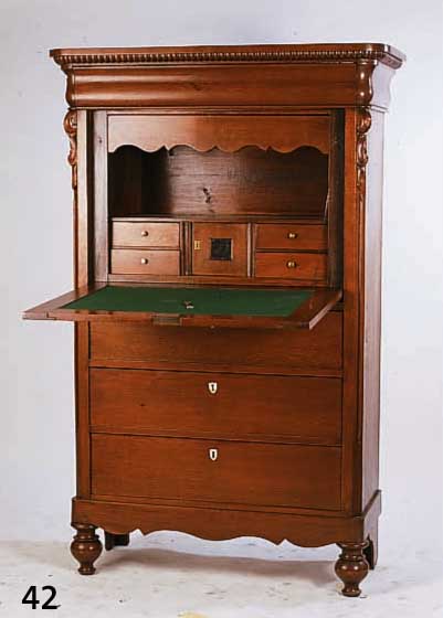 SCHRANKSEKRETÄR, NIEDERLANDE, 1880/90, IM STIL VON 1835-40, KORPUS WEICHHOLZ, EICHE FURNIER, KANTEN MASSIV EICHE, ZAHNPERLFRIES, ...