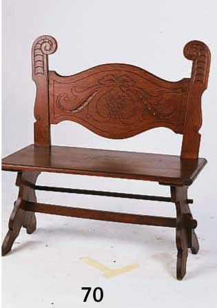 BANK, UM 1895, HISTORIZISTISCH MIT JUGENDSTIL- ELEMENTEN, EICHE MASSIV, AUS ÄLTEREN TEILEN ZUSAMMENGESETZT, ZIERMÖBEL, CA. 95X87X43 CM, ALTE ...