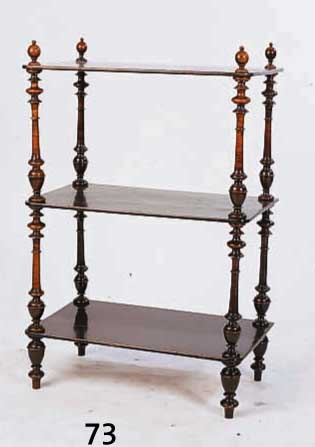 ETAGERE, DEUTSCH, UM 1880-90, HOLZ GEDRECHSELT UND SCHWARZ LACKIERT, OBERFLÄCHENSCHÄDEN, CA. 87 X 56 X 30 CM