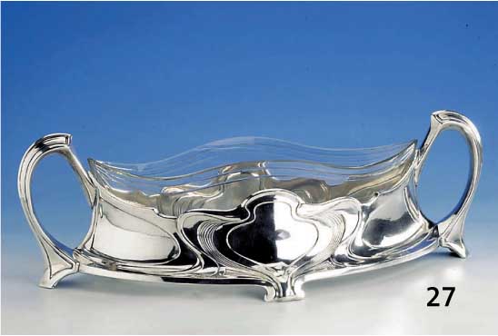 Jugendstil-Jardiniere, DÄnemark, Kopenhagen 1909, 830er Silber, Wardeinmarke Guth, Hersteller/Meistermarke AH - A. Halberstadts, frÜher, ...