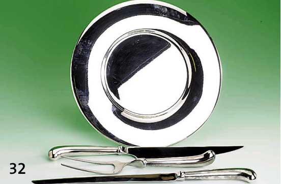 Set 4 Platzteller und 3teil. Tranchierbesteck, Teller 800er Silber, Wilkens Bremen, Mod. 8425, D. 30 cm, schlichte glatte Form, leichte ...