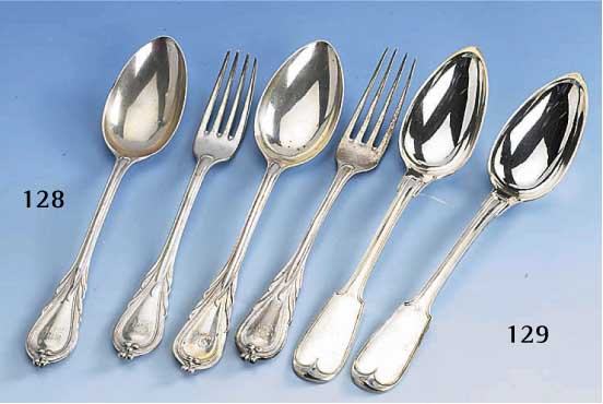 6 MenuelÖffel, Frankreich, Paris um 1890, 950er Silber, Augsburger Fadenmuster, Bes.- Gravur, zus. ca. 455 g