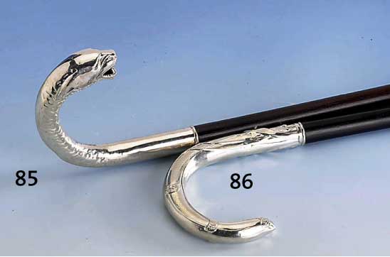 Spazierstock, deutsch um 1900, 800er Silber, Schuß Rotbuche geschwÄrzt, L. ca. 81 cm, Spitze fehlt
