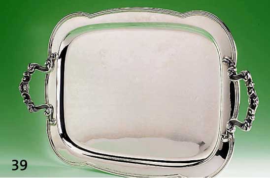 Tablett, 800er Silber, ca. 1837 g, Rand gebogt und getreppt, Barockgriffe, ca. 44 x 33 cm