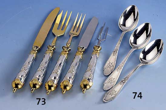 6-teiliges Besteck, 800er Silber, teilvergoldet, Meistermarke ungedeutet, Barockstil, Kartuschen fÜr Monogr. frei, best. aus: Pellkartoffelgabel ...