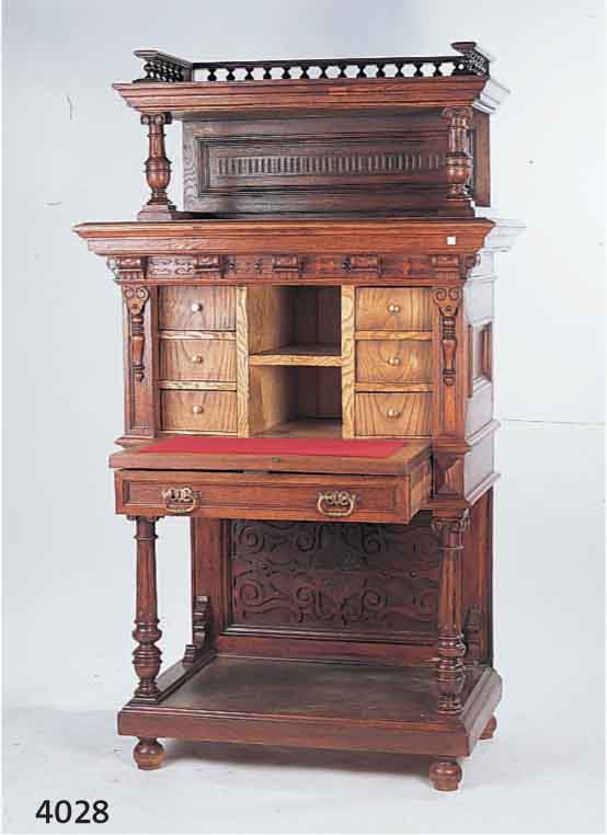 SEKRETÄR, NIEDERLANDE, UM 1890/1900, KORPUS EICHE MASSIV BZW. BUCHE, FREISTEHENDE SÄULEN AUS DEM VOLLHOLZ, REICHE DRECHSELARBEITEN, SCHUBLADE ...