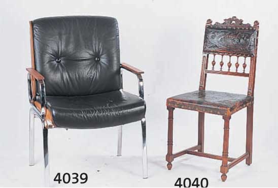 6 STÜHLE, SÜDFRANKREICH, 1890/1900, BUCHE, NUßBAUMFARBEN, EKLEZISTISCH, ORIGINAL LEDER- BEZÜGE, GEPRÄGT, STÄRKERE GEBRAUCHSSPUREN, 2 ...