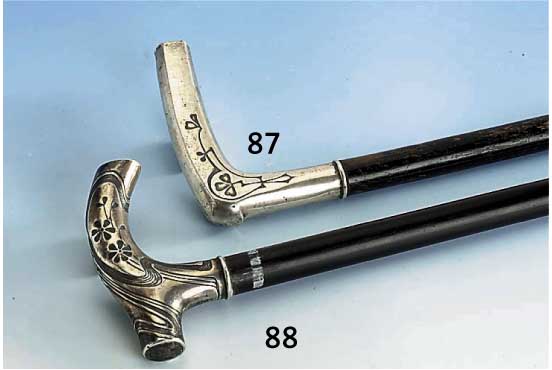 Spazierstock, Jugendstil, 800er Silber, um 1900, Schuß Ebenholz, Meistermarke SH im Kreis unged., L. ca. 88 cm