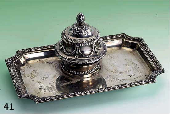 Tintenfaß mit integr. Ablage, sign. FABERGE, 88er Silber (wird nur fÜr hervorr. kÜnstlerische GegenstÄnde verwendet) Petersburg 1898-1912, SM ...