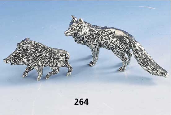 Tischdekoration: Fuchs und Keiler, 925er Silber, L. bis ca. 10 cm, ca. 257 g, lebendige, naturalist-ideal. Darst.