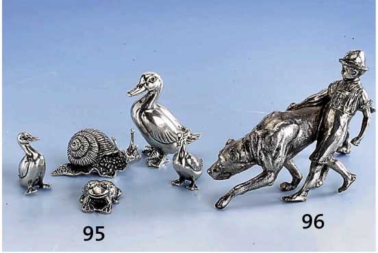Tischdekoration: 5 Tiere, 925er Silber massiv, best aus 3teil. Entenfam., Schnecke u. Frosch, total ca. 168 g, H bis ca. 4.5 cm