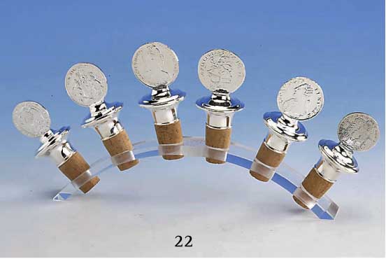 6 Zierkorken: MÜnzen, 925er Silber massiv, alle versch. MÜnznachprÄgungen, H ohne Kork bis ca. 6.5 cm, im PlexistÄnder