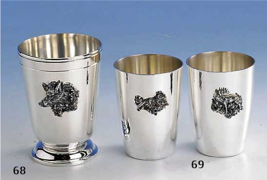 2 Becher mit Wildmotiven, 925er Silber, Handarbeit, Einzelanfertigung, teilw. vollpl. aufgelÖtetete Wildtiere: Hirsch und Fuchs, total ca. 208 ...