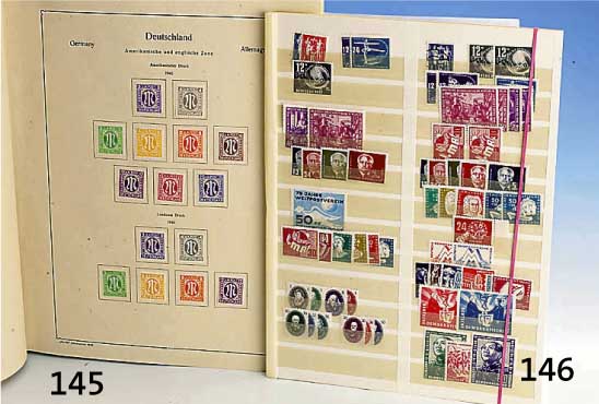 Briefmarkensammlung ca. 1945-1956, dabei Zonenmarken, Blcoks Nationaltheater Weinmar, Hannover-Messe-Blcok, Bundesrep.: 100 Jahre Briefmarken 30 ...