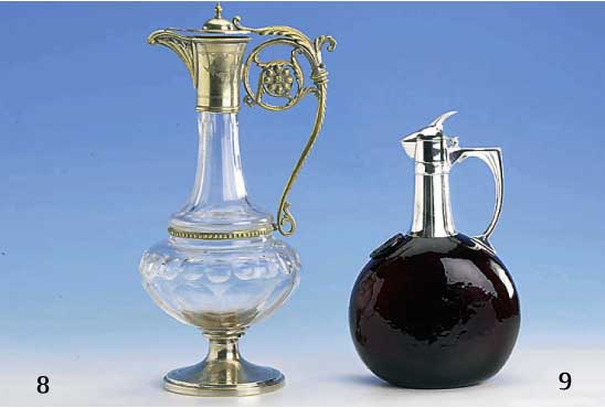 Karaffe, deutsch um 1900, Historismus, Kristallglas facettiert, Metallmontierung ver- silbert/vergoldet, leicht berieben, zisel., elegant, H ca. ...