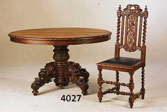 RUNDER EßTISCH MIT 6 STÜHLEN, BELGIEN, 1890- 1900, EICHE MASSIV, REICH GEDRECHSELT, SCHNITZEREI AUS DEM VOLLHOLZ, FRÜHBAROCKSTIL, FRÜCHTE UND ...