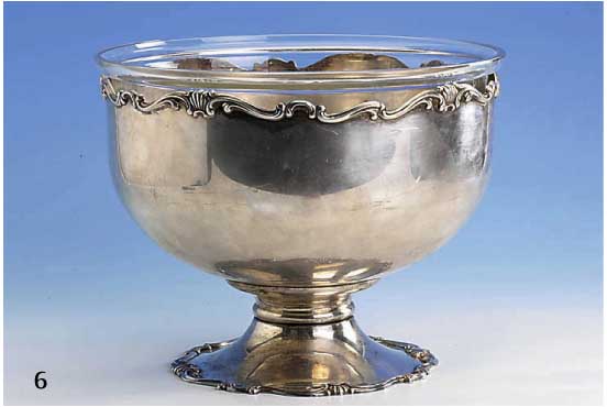 Zierschale, wohl Italien um 1900, Alpacca, Barockstil, Orig.-Glasein- satz mundgeblasen, reprÄsentativ, H ca. 24 cm, D ca. 30.5 cm