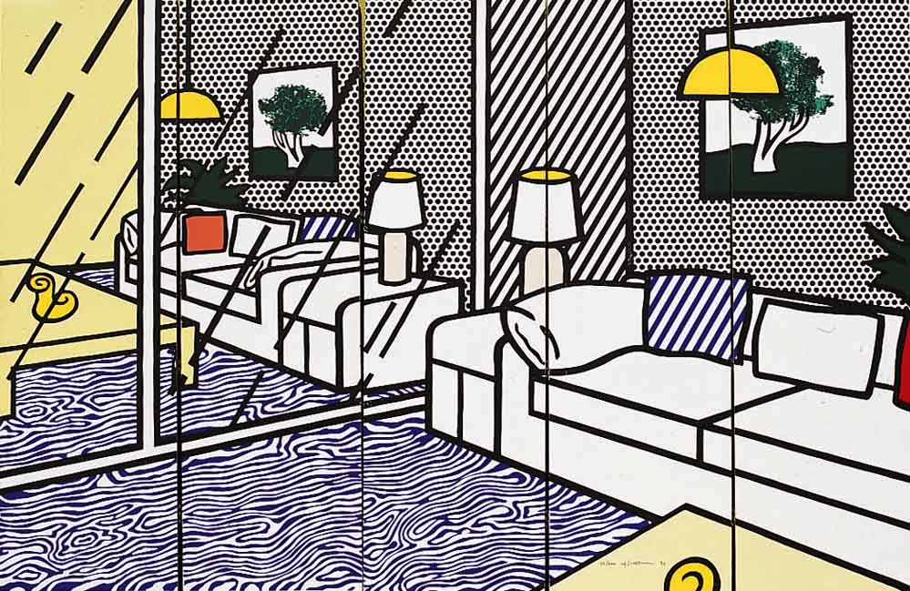 Lichtenstein, Roy, 1923-1997, Interieur with mirrored wall, 5-tlg. Farbserigraphie, auf dem vierten Teil handsigniert und num. 56/300, je ca. 263 ...