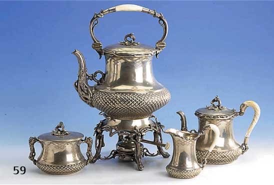 4-teil. Teeservice, deutsch um 1860, 12lÖtiges Silber, 2. Barock, sogn. Knorpel- stiel von Ästen, BlÄttern u. Eicheln, vollplastisch, ...