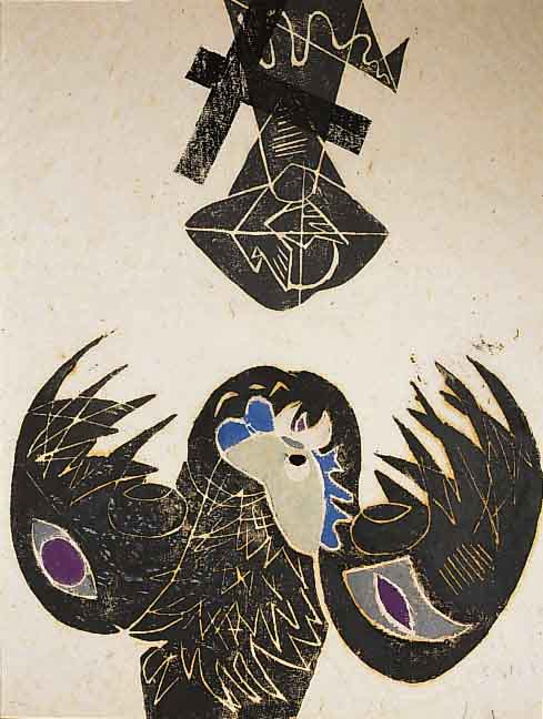 MÜller-Landau, Rolf, 1903 - 1956, Reue des Petrus, Monotypie in schwarz, grÜn, blau und violett, handsign. und betitelt, ca. 50 x 44 cm, u.Gl., ...