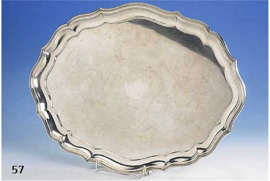 Tablett, deutsch um 1910, sign. Lameyer, 800er Silber, massive Ausf., ca. 1605 g, Ba- rockstil, ca. 52 x 38 cm