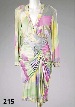 LEONARD-Mikado-Jersey-Kleid, 100% Seide, Gr. ca. 38, im HÜftbereich gesmokt, pastellfarbig in gelb-pink-lila-grÜn, langÄrmelig, RÜckenl. ca. ...