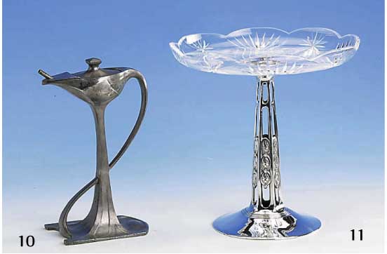 Anbietschale, WMF um 1905, Legierung Brittania, Glasaufsatz sek., sehr gut passend, geschnitten und geschliffen H ca. 24 cm, D ca. 24 cm
