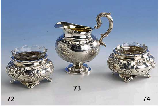 Blumenschale, HI Wilm Berlin/Hamburg, 12lÖtiges Silber, um 1870/80, Modell-Nr., Treibarbeit, Barockstil, auf 4 FÜßen, Orig. Glaseinsatz, D. ...
