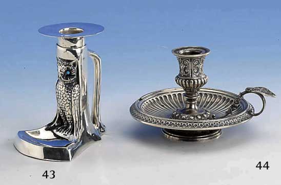 Kerzenhalter, 800er Silber, Gebr. FriedlÄn- der, Berlin um 1900, Renaissancestil, schwere SilberausfÜhrung, H. ca. 9.5 cm, mit Griff, ...