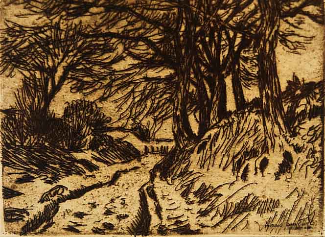 am Ende, Hans, 1864 Trier - 1918 Stettin, lebte in Worpswede, Weg am Waldrand, Radierung, re. u. in der Platte sign., ca. 8.5 x 11 cm, u.Gl., R.