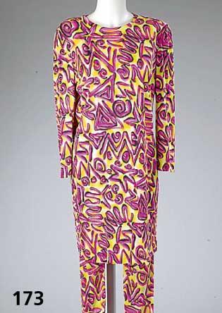 ESCADA Seiden-Jersey-Kleid mit passenden Leggins, 100% Seide, pink-gelb-schwarz, lange Ärmel, Rundhals, rÜcks. RV, gerader Schnitt, RÜckenl. ...