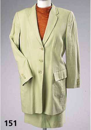 JIL-SANDER-KostÜm, Seide/Leinen, lind- grÜn, Gr. 42/44, Blazer halbgefÜttert, 3 KnÖpfe, RÜckenl. ca. 80 cm, Rock L ca. 55 cm