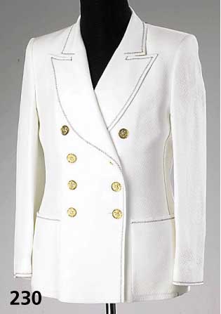 RENZO-Blazer, Baumwolle/Acetat/Viskose, weiß mit marineblauen ZiernÄhten, Waffel- piquemuster, 2-reihig, 2 aufges. Taschen, RÜckenl. ca. 68 ...