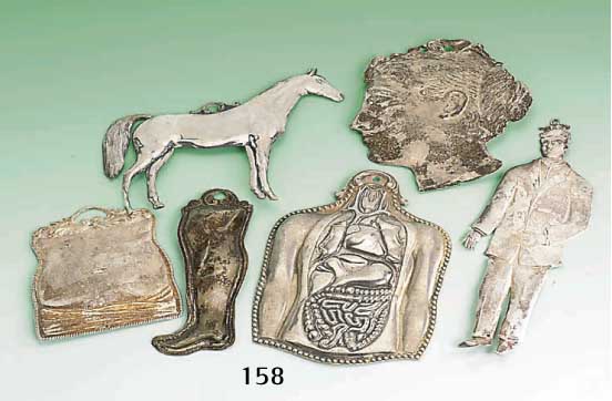 6 Votivgaben, sÜddeutsch, Silber, Bein, Bauch, Innere Organe, Mann, Kopf, l. AltersschÄden, H. ca. 13 - 22 cm