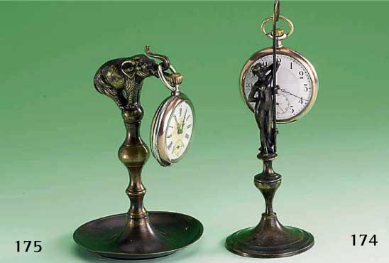 TaschenuhrenstÄnder: Elefant, Bronze, Modell um 1900, Ausformung spÄter, vollplast., mit Herrentaschenuhr Remontoir, teil- vergoldet, ...