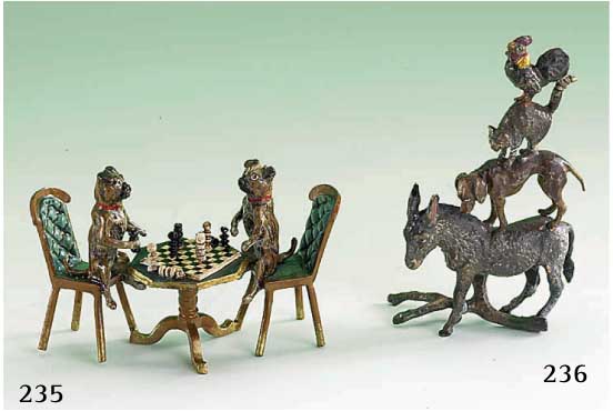 Wiener Bronze, nach 1900, "Die Bremer Stadtmusikanten", H. ca. 9.5 cm, Meister- marke "FBW" - F. Bermann, bunt staffiert
