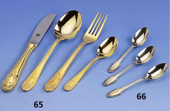 Besteck fÜr 12 Personen, Metall 24 kt vergoldet, Barockstil, Solingen, best. aus: 12 Messer, 12 Gabeln, 12 LÖffel, 12 KaffeelÖffel, 12 ...