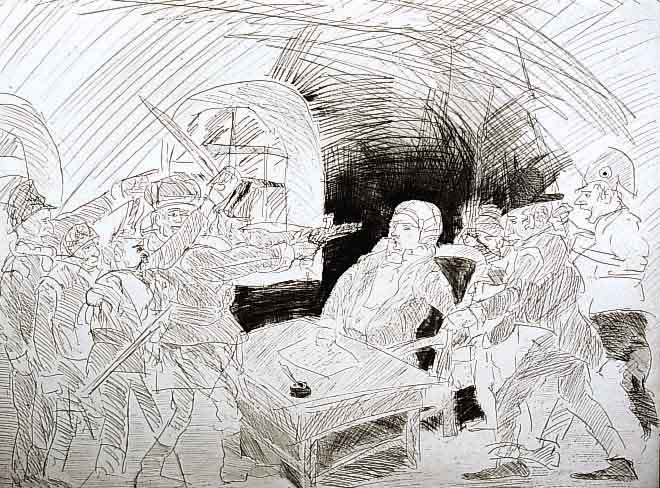 Hrdlicka, Alfred, Radierung v. 1989, hand- sign. u. num. 53/70, Robespierres Verhaftung, ca. 50x60 cm