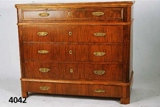 Kommode, Frankreich/Lothringen, wohl 1860/70, Korpus Weichholz, Wurzelnußfurnier gespie- gelt, BeschlÄge sekundÄr aber aus der Zeit, ...