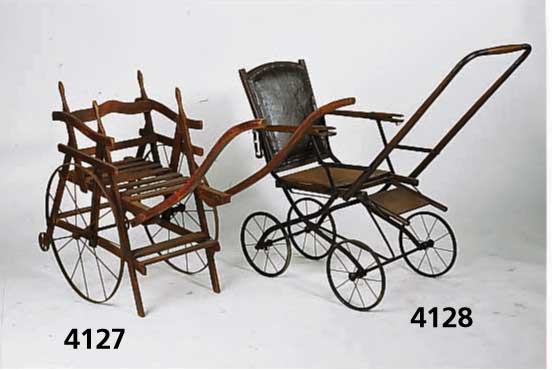 Kinderwagen, deutsch, um 1890, Rahmen und Tragteile Eisen, Holzteile Buche massiv, Lehne mit Kunststoffbezug, Reste leichten Wurmbefalls, als ...