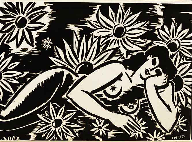 Masereel, Frans, 1889 - 1972, Liegende im Blumenbeet, Holzschnitt, handsign. und dat. 1951, bez.: Fleurs, num. 162/200, ca. 27 x 42 cm