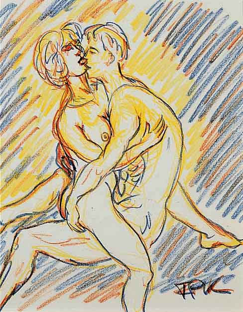 Pfefferkorn, Felix, 1945-1980 Berlin, Lovers, Buntstiftzeichnung auf Papier, re. u. monogr., ca. 30 x 27 cm, u.Gl., R.