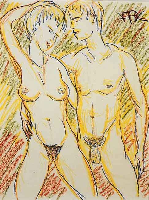 Pfefferkorn, Felix, 1945-1980 Berlin, Lovers, Buntstiftzeichnung, re. o. monogr., ca. 30 x 24 cm, PP, u.Gl., R.