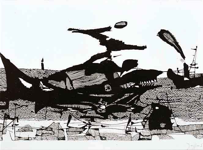 Janssen, Horst, 1929-1995, Radierung, handsigniert und dat. 58, ca. 22 x 40 cm, PP, u.Gl., R., "Kriegsschiffe im Hafen"