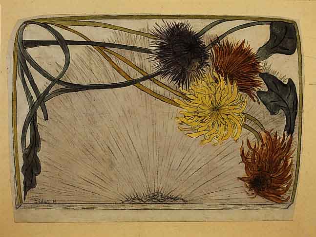 Fidus, sign. u. bez. Fidus 14, bunt aqua- reliefierte Bleistiftzeichnung, florales Ju- gendstilmotiv, u. Gl. ger., M. ca. 30x42cm